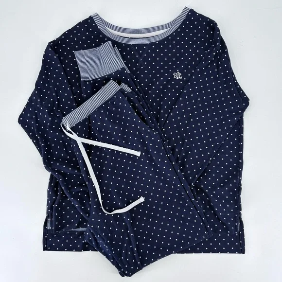 Lauren Ralph Lauren Women's Navy White Polka Dot Long Sleeve and Pants PJ Set - Picture 2 of 16